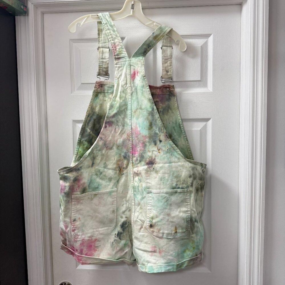 Gap Denim shortalls overalls multicolored watercolor tie-dye pattern size XXL - Picture 2 of 9